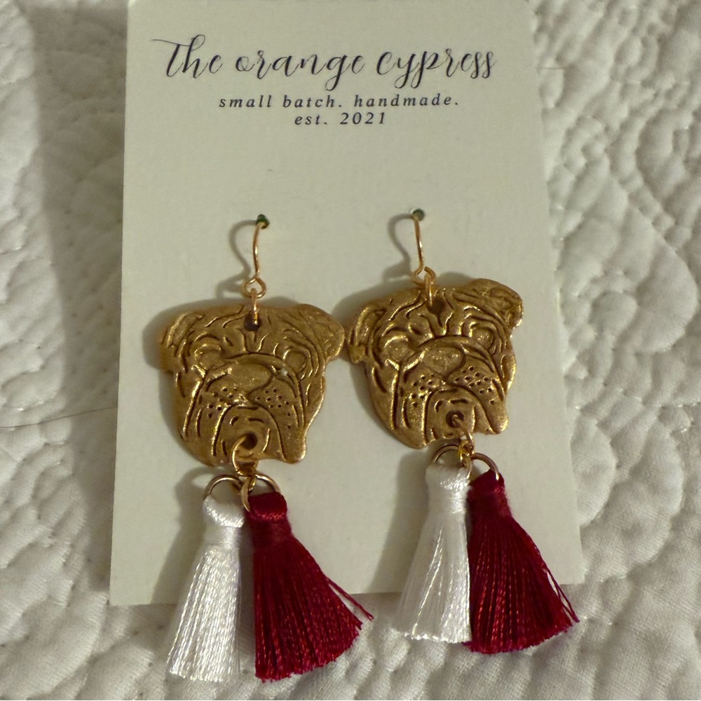 Gold Bulldog Earrings with Maroon and White Tassels